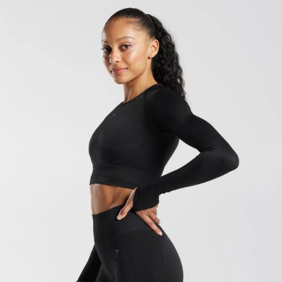 EUC Gymshark Flex Sports Long Sleeve Black Crop Top size small - Picture 2 of 9